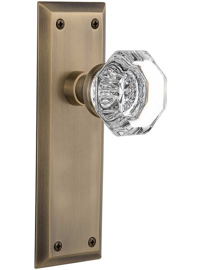 New York Door Set with Waldorf-Crystal Glass Knobs in Antique Brass.